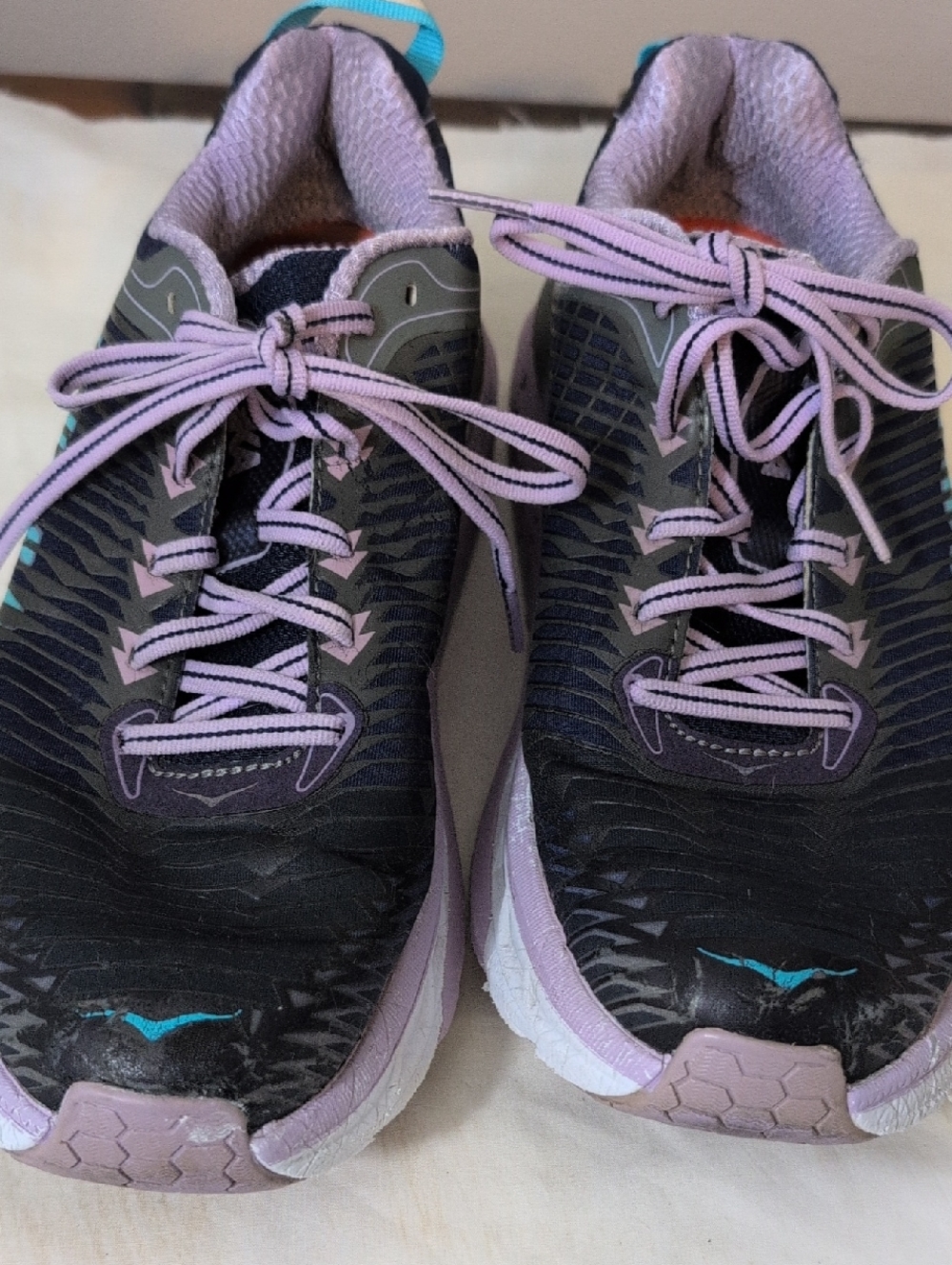 Hoka Women’s Athletic Shoes in Black and Lavender with Teal Accent